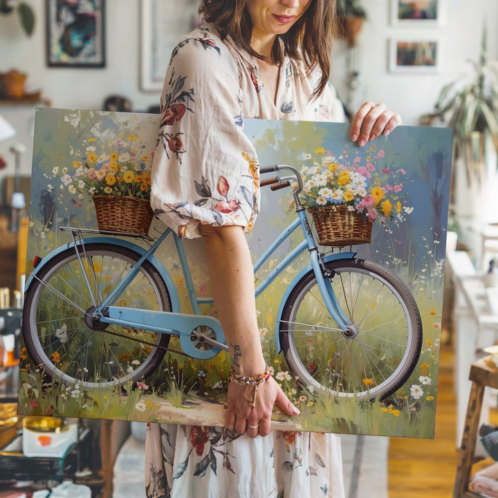 Vintage Bicycle in Bloom Canvas – Whimsical Spring Meadow Wall Art - Gifitto