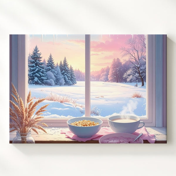 Winter Morning Window Canvas – Cozy Interior View with Snowy Sunrise - Gifitto