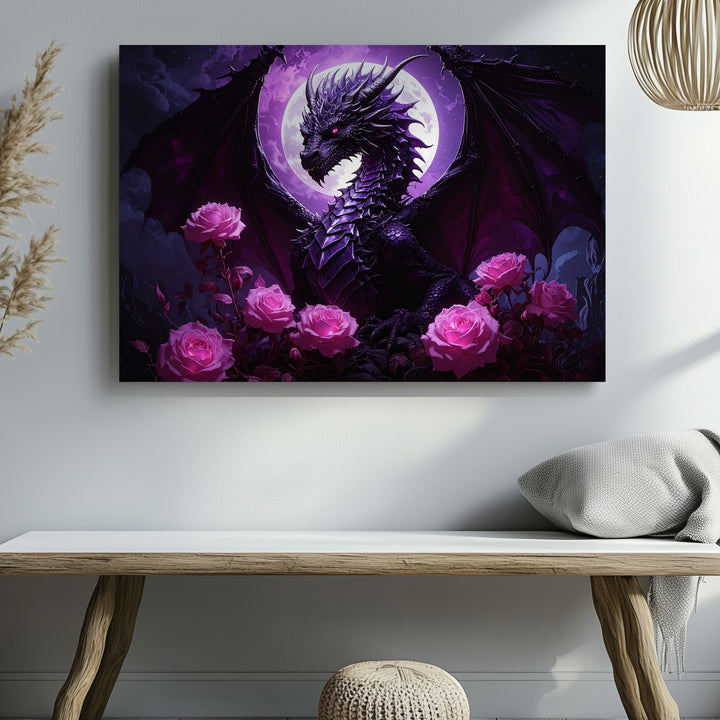 Midnight Rose Dragon Canvas – Gothic Fantasy Moonlit Wall Art - Gifitto