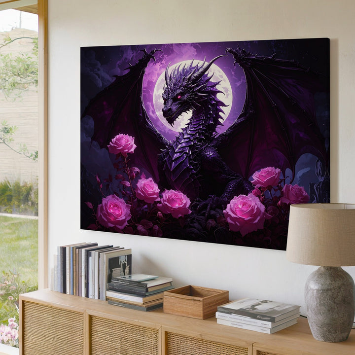 Midnight Rose Dragon Canvas – Gothic Fantasy Moonlit Wall Art - Gifitto