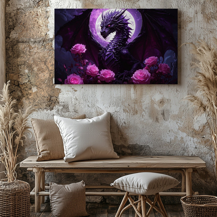 Midnight Rose Dragon Canvas – Gothic Fantasy Moonlit Wall Art - Gifitto