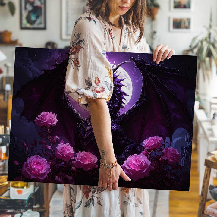 Midnight Rose Dragon Canvas – Gothic Fantasy Moonlit Wall Art - Gifitto