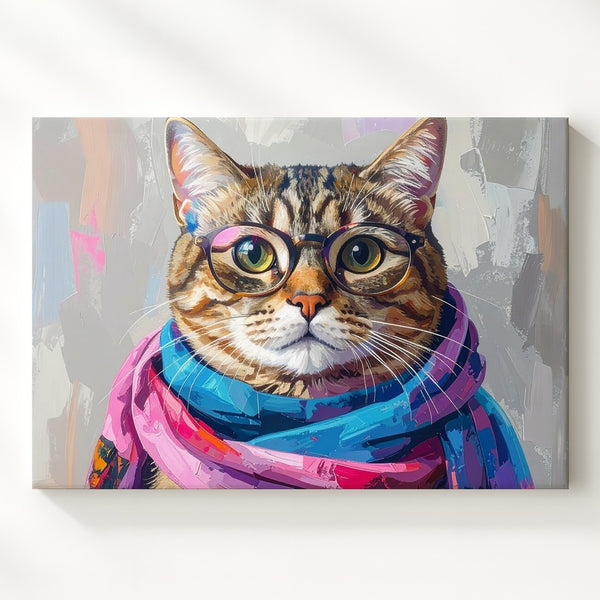 Fashion-Forward Tabby Cat Canvas – Whimsical Cat with Bold Glasses & Vibrant Scarf - Gifitto