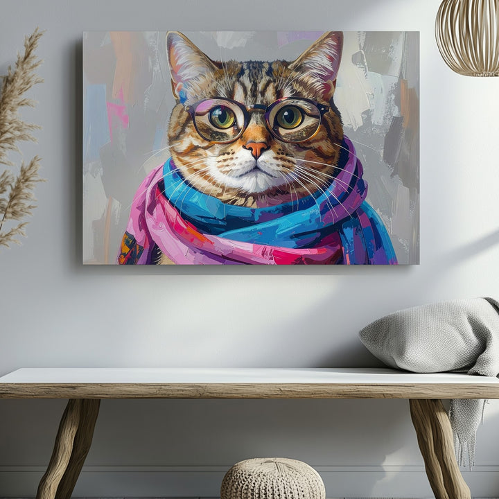 Fashion-Forward Tabby Cat Canvas – Whimsical Cat with Bold Glasses & Vibrant Scarf - Gifitto