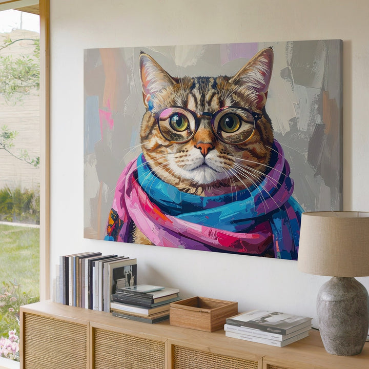 Fashion-Forward Tabby Cat Canvas – Whimsical Cat with Bold Glasses & Vibrant Scarf - Gifitto