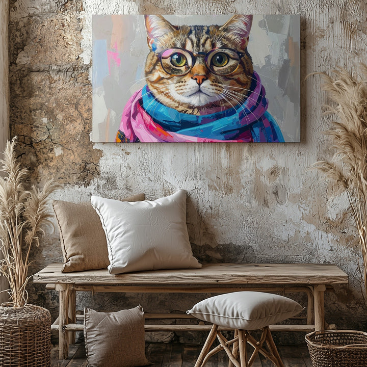 Fashion-Forward Tabby Cat Canvas – Whimsical Cat with Bold Glasses & Vibrant Scarf - Gifitto