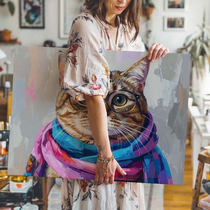 Fashion-Forward Tabby Cat Canvas – Whimsical Cat with Bold Glasses & Vibrant Scarf - Gifitto
