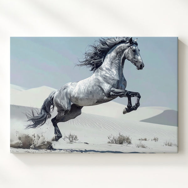 Desert Leap Canvas – Grey Horse in Surreal White Dunes - Gifitto