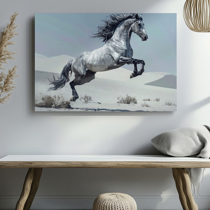 Desert Leap Canvas – Grey Horse in Surreal White Dunes - Gifitto