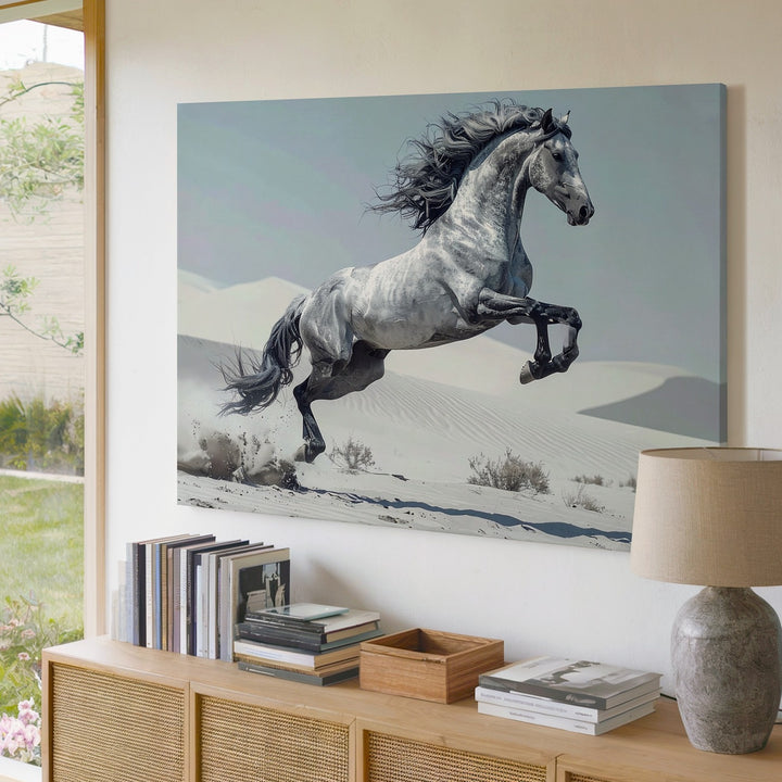 Desert Leap Canvas – Grey Horse in Surreal White Dunes - Gifitto