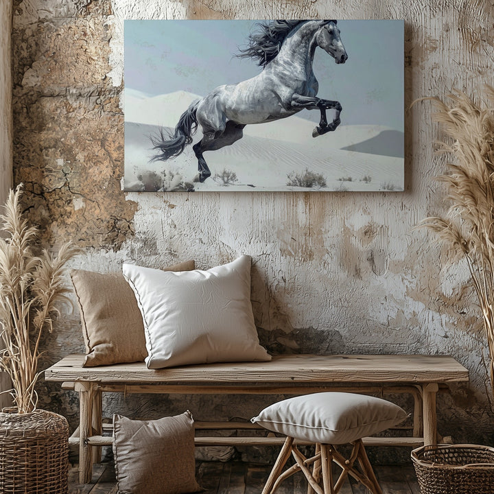 Desert Leap Canvas – Grey Horse in Surreal White Dunes - Gifitto