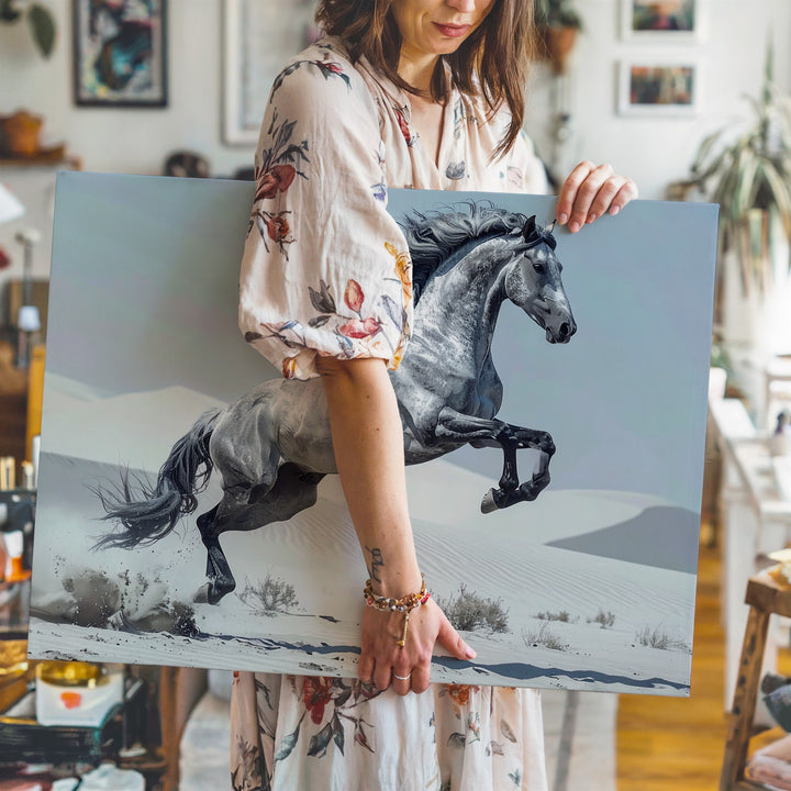 Desert Leap Canvas – Grey Horse in Surreal White Dunes - Gifitto
