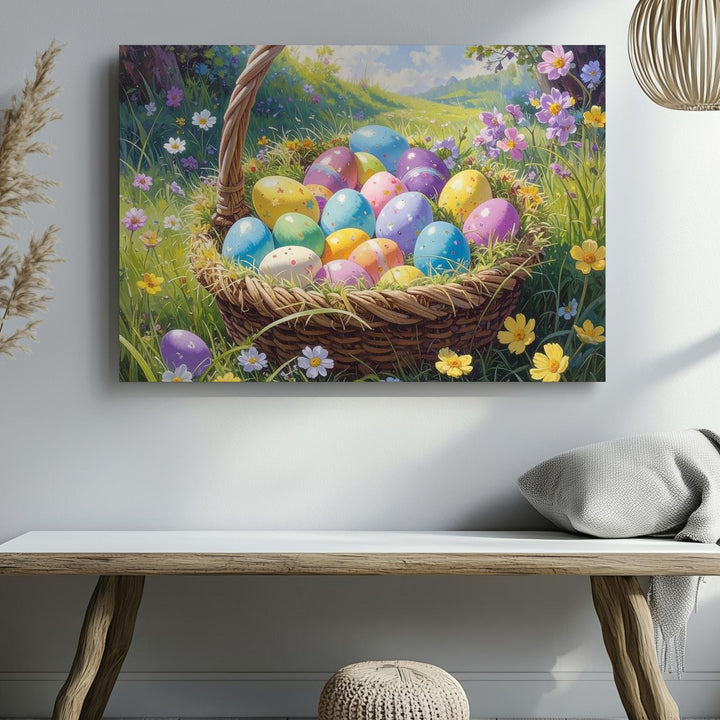 Pastel Easter Egg Basket Canvas – Vibrant Spring Wall Art - Gifitto