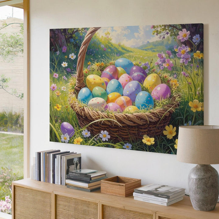 Pastel Easter Egg Basket Canvas – Vibrant Spring Wall Art - Gifitto