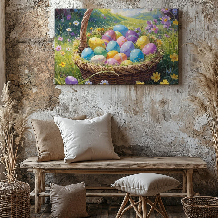 Pastel Easter Egg Basket Canvas – Vibrant Spring Wall Art - Gifitto