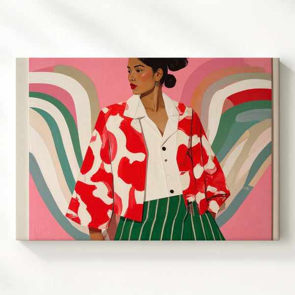 Bold Fashion Figure Canvas – Minimalist Red Jacket & Green Skirt Art - Gifitto
