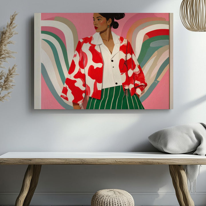 Bold Fashion Figure Canvas – Minimalist Red Jacket & Green Skirt Art - Gifitto