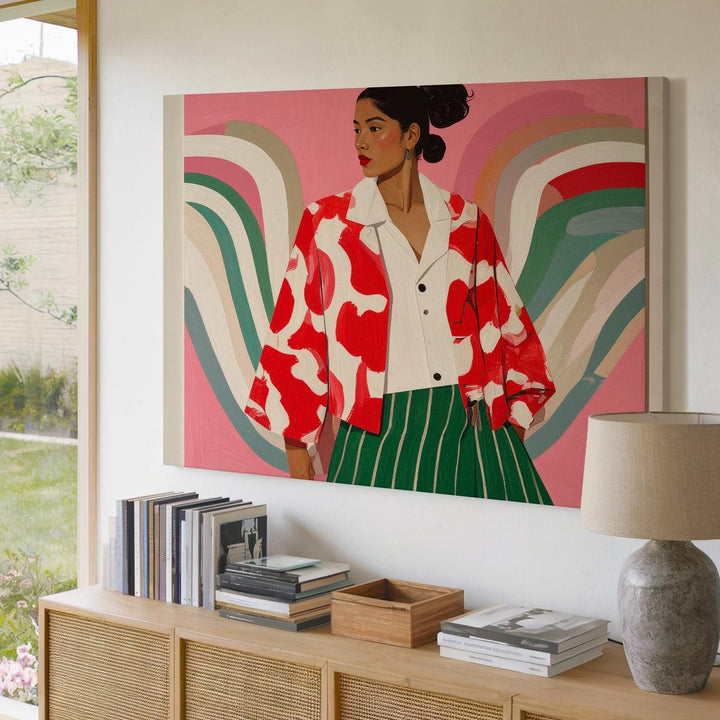 Bold Fashion Figure Canvas – Minimalist Red Jacket & Green Skirt Art - Gifitto
