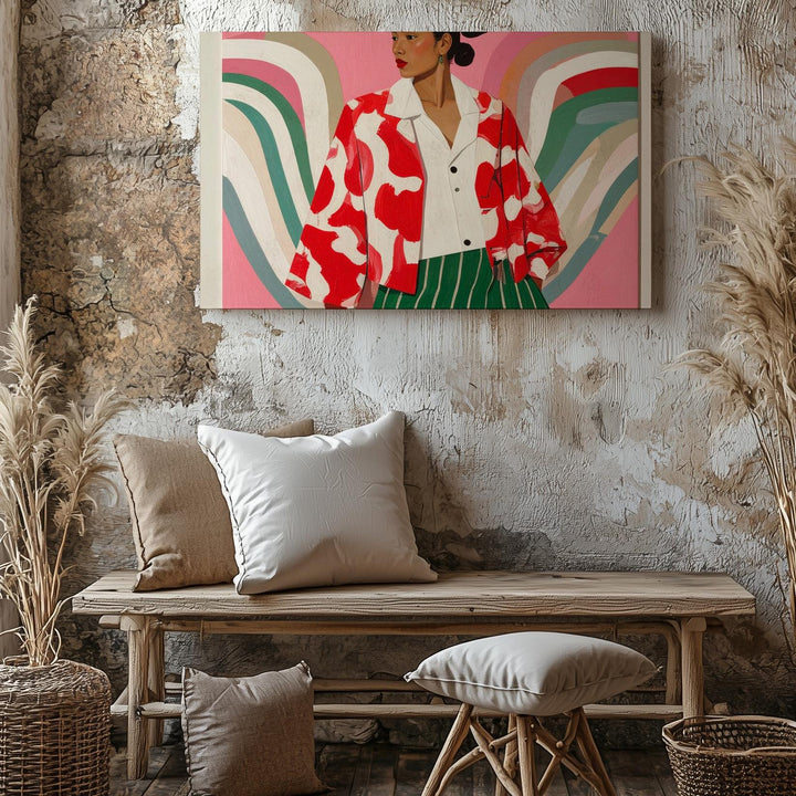 Bold Fashion Figure Canvas – Minimalist Red Jacket & Green Skirt Art - Gifitto