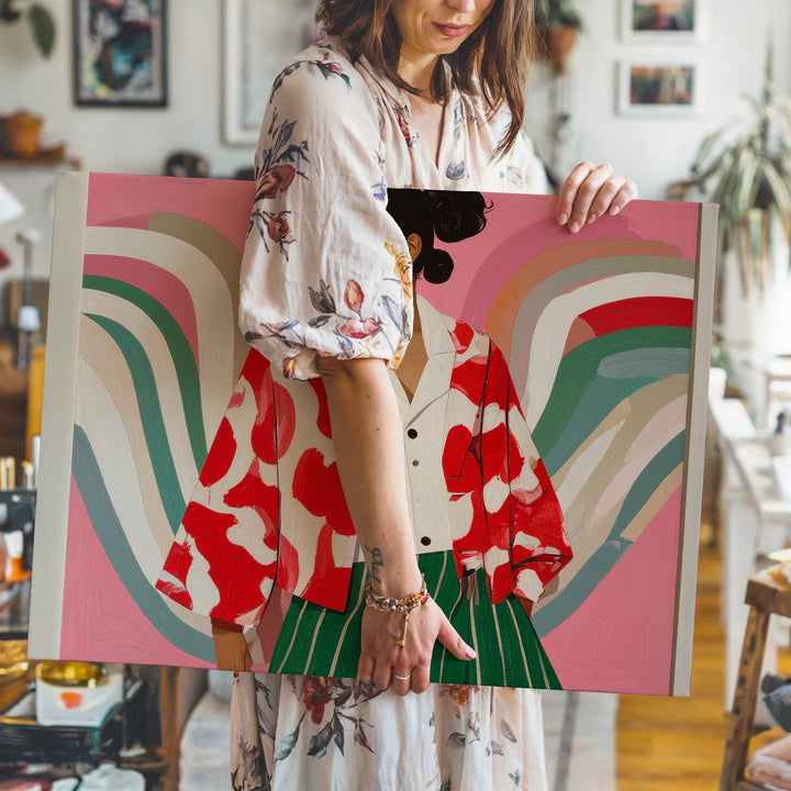 Bold Fashion Figure Canvas – Minimalist Red Jacket & Green Skirt Art - Gifitto
