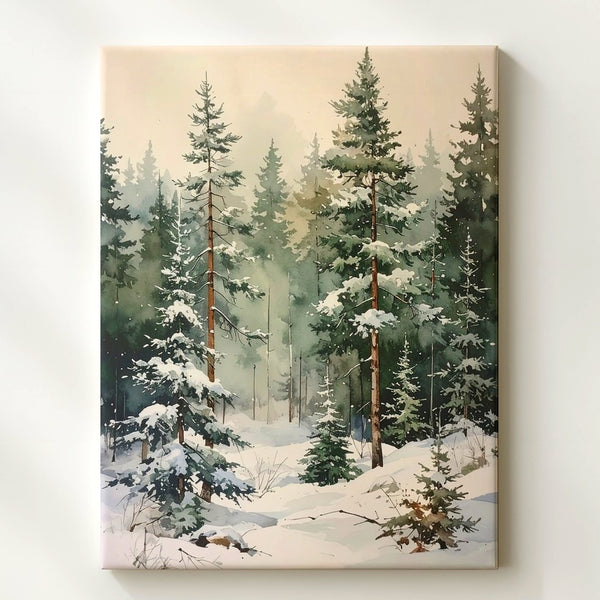 Watercolor Winter Pines Canvas – Minimalist Serene Forest Art