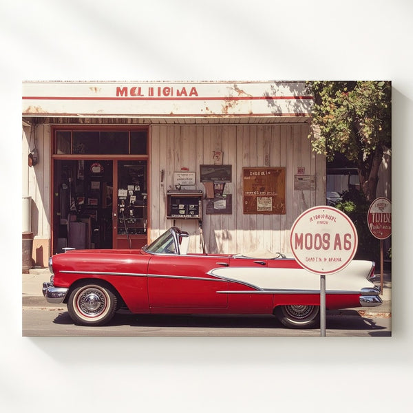 Vintage Red & White Convertible Canvas – Classic Route 66 Gas Station Scene - Gifitto