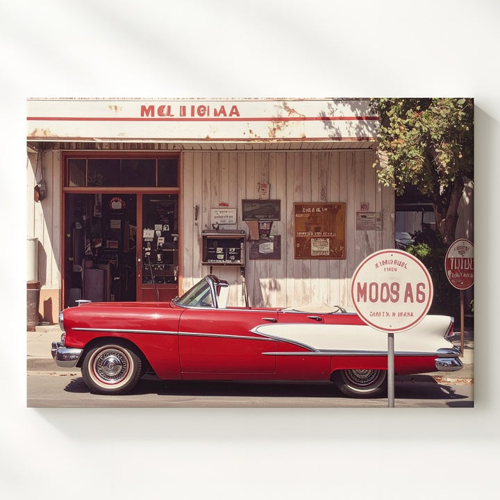 Vintage Red & White Convertible Canvas – Classic Route 66 Gas Station Scene - Gifitto