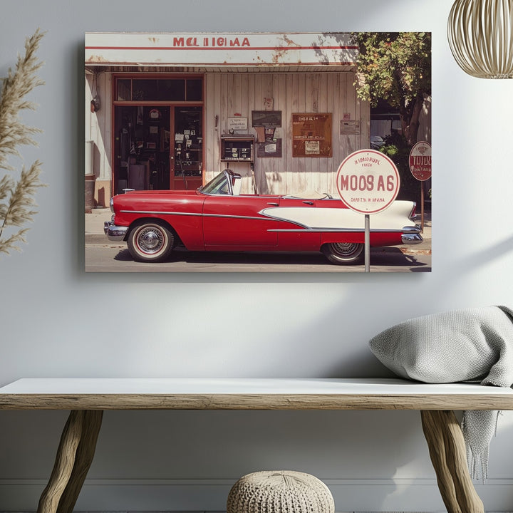 Vintage Red & White Convertible Canvas – Classic Route 66 Gas Station Scene - Gifitto
