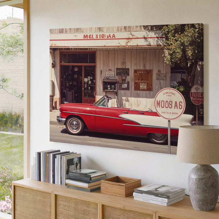 Vintage Red & White Convertible Canvas – Classic Route 66 Gas Station Scene - Gifitto