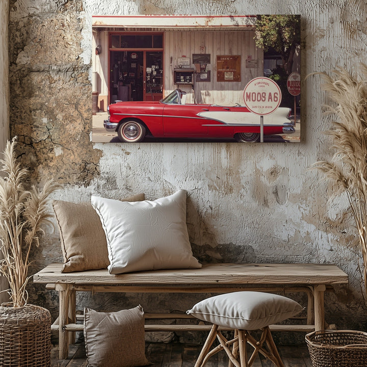 Vintage Red & White Convertible Canvas – Classic Route 66 Gas Station Scene - Gifitto