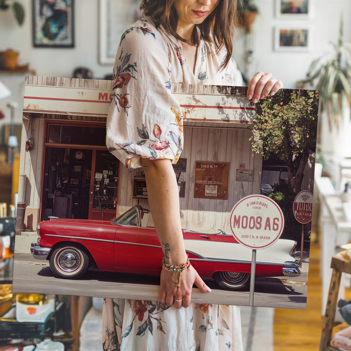 Vintage Red & White Convertible Canvas – Classic Route 66 Gas Station Scene - Gifitto