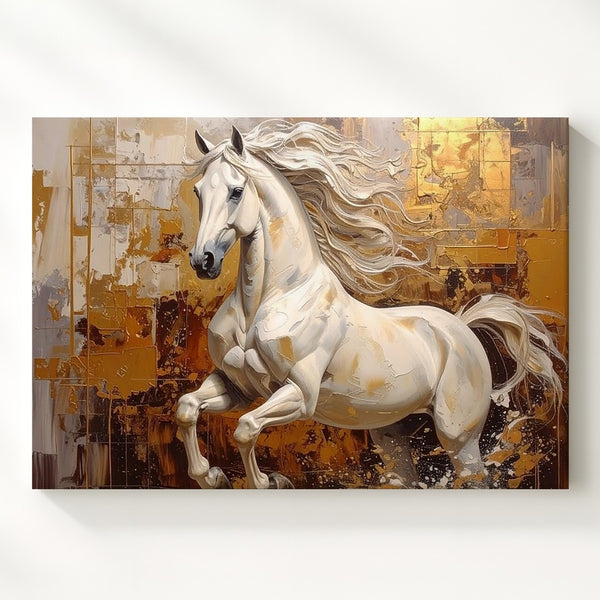 Dynamic White Horse Canvas – Abstract Motion with Gold and Brown Textures - Gifitto