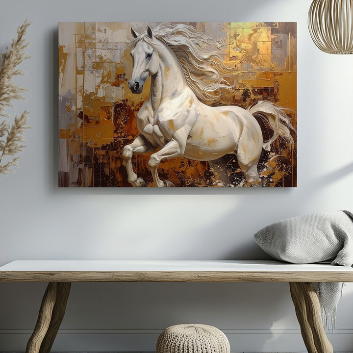 Dynamic White Horse Canvas – Abstract Motion with Gold and Brown Textures - Gifitto