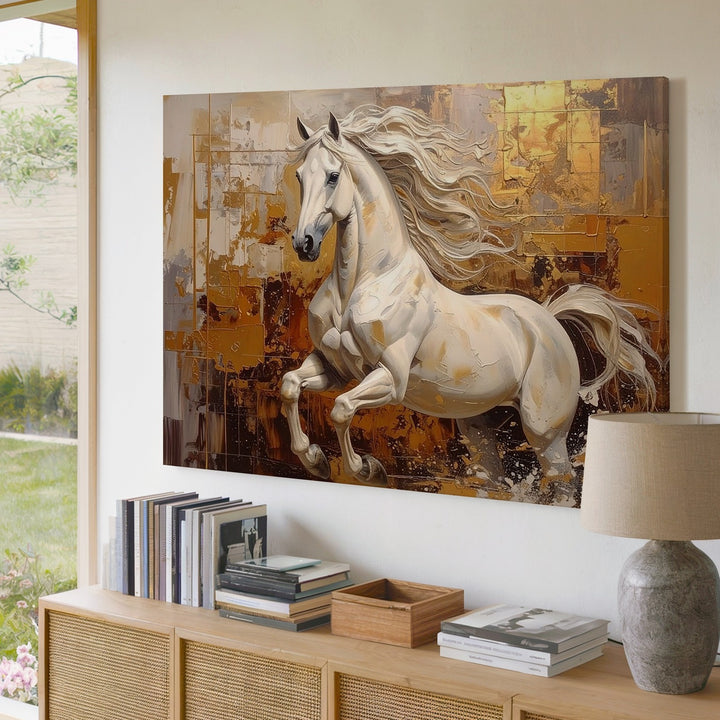 Dynamic White Horse Canvas – Abstract Motion with Gold and Brown Textures - Gifitto