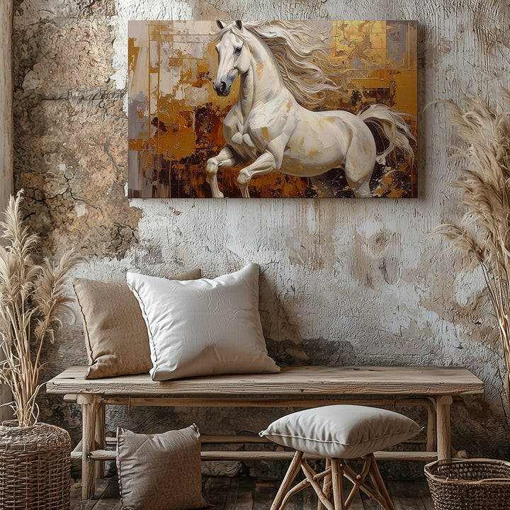 Dynamic White Horse Canvas – Abstract Motion with Gold and Brown Textures - Gifitto