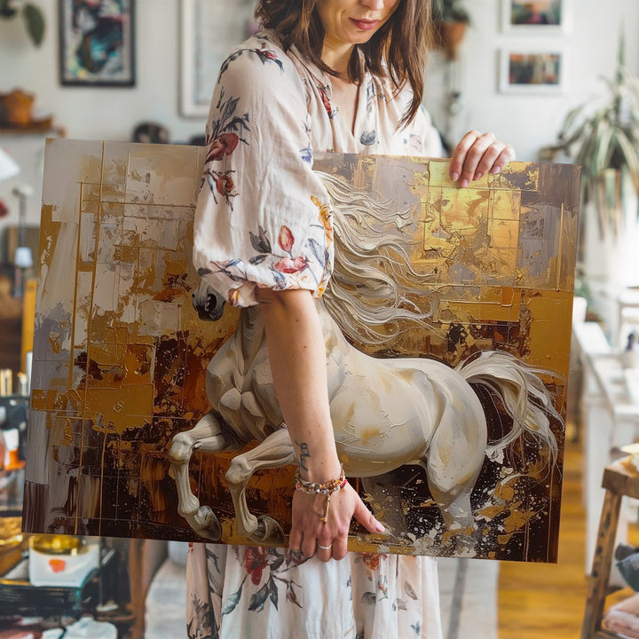 Dynamic White Horse Canvas – Abstract Motion with Gold and Brown Textures - Gifitto