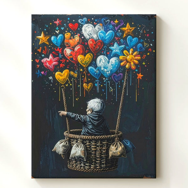 Whimsical Balloon Journey Canvas – Surreal Elderly Figure with Colorful Balloons - Gifitto