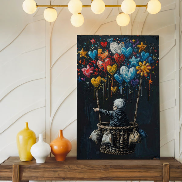 Whimsical Balloon Journey Canvas – Surreal Elderly Figure with Colorful Balloons