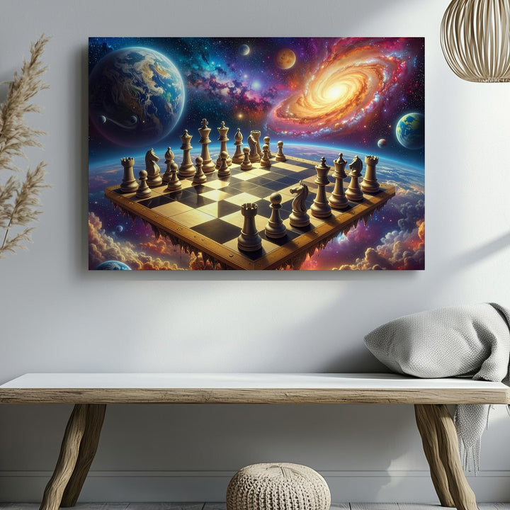 Cosmic Chessboard Canvas – Galactic Battle of Universal Forces Wall Art - Gifitto