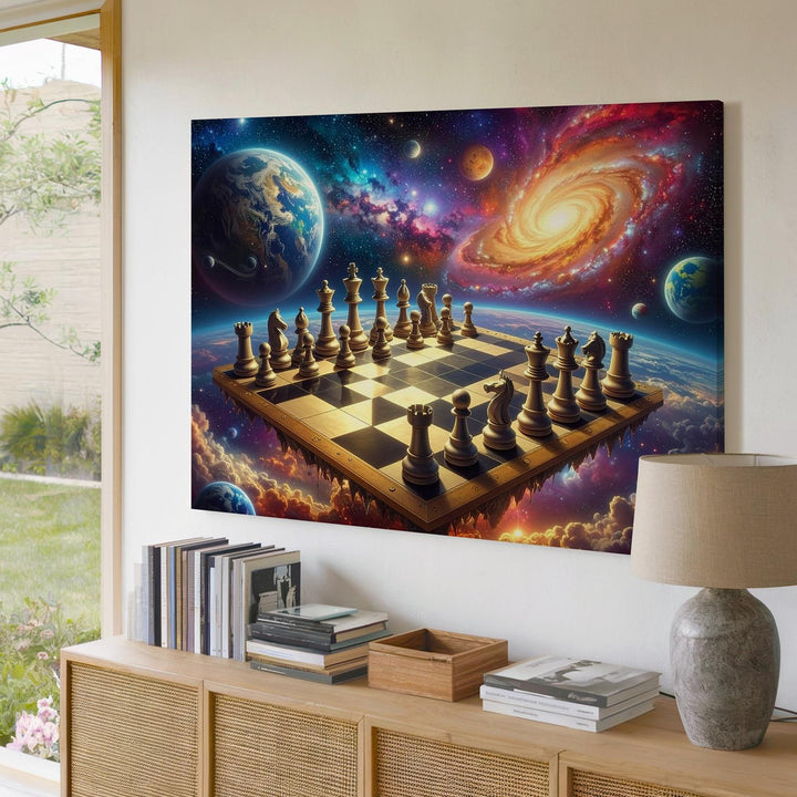 Cosmic Chessboard Canvas – Galactic Battle of Universal Forces Wall Art - Gifitto