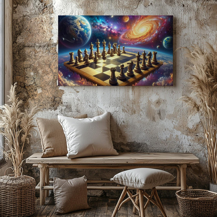 Cosmic Chessboard Canvas – Galactic Battle of Universal Forces Wall Art - Gifitto