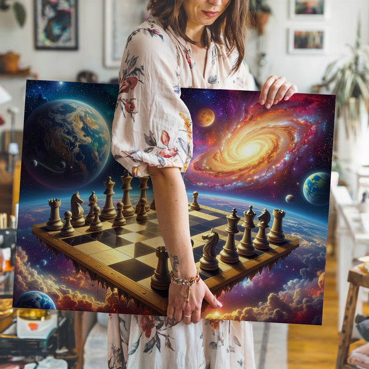 Cosmic Chessboard Canvas – Galactic Battle of Universal Forces Wall Art - Gifitto