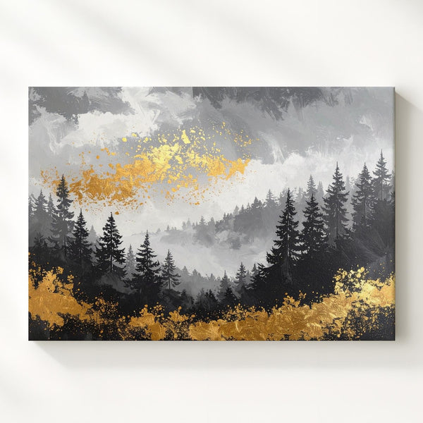Golden Forest Canvas – Abstract Landscape with Black Trees and Metallic Gold Foliage - Gifitto