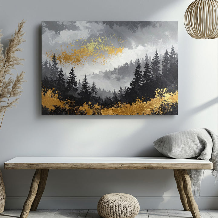 Golden Forest Canvas – Abstract Landscape with Black Trees and Metallic Gold Foliage - Gifitto