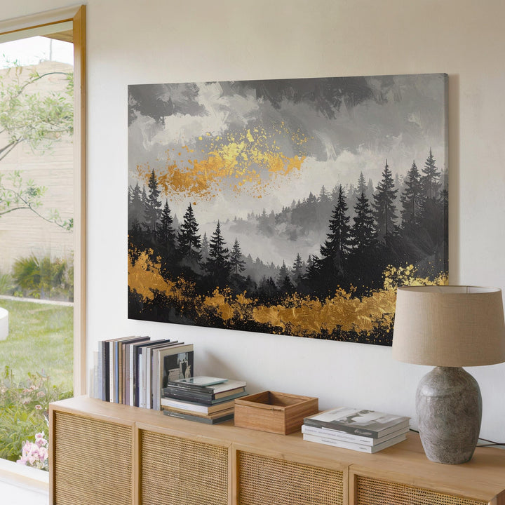 Golden Forest Canvas – Abstract Landscape with Black Trees and Metallic Gold Foliage - Gifitto