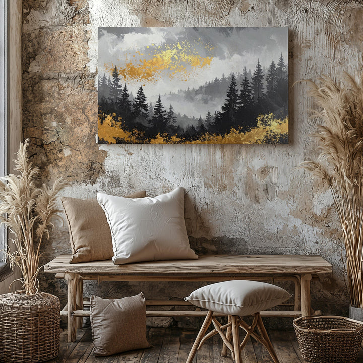 Golden Forest Canvas – Abstract Landscape with Black Trees and Metallic Gold Foliage - Gifitto