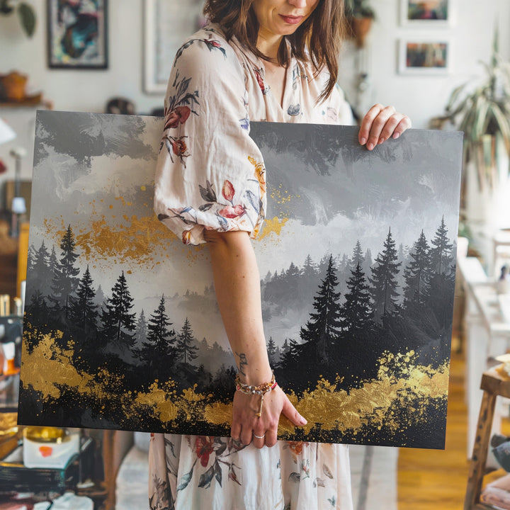 Golden Forest Canvas – Abstract Landscape with Black Trees and Metallic Gold Foliage - Gifitto