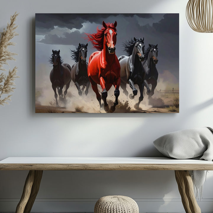 Cinematic Galloping Horses Canvas – Dramatic Red Horse in Mist - Gifitto