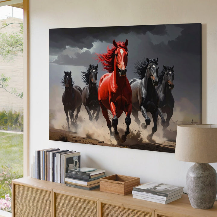 Cinematic Galloping Horses Canvas – Dramatic Red Horse in Mist - Gifitto