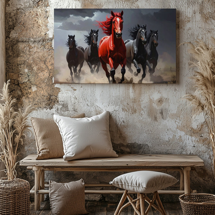 Cinematic Galloping Horses Canvas – Dramatic Red Horse in Mist - Gifitto
